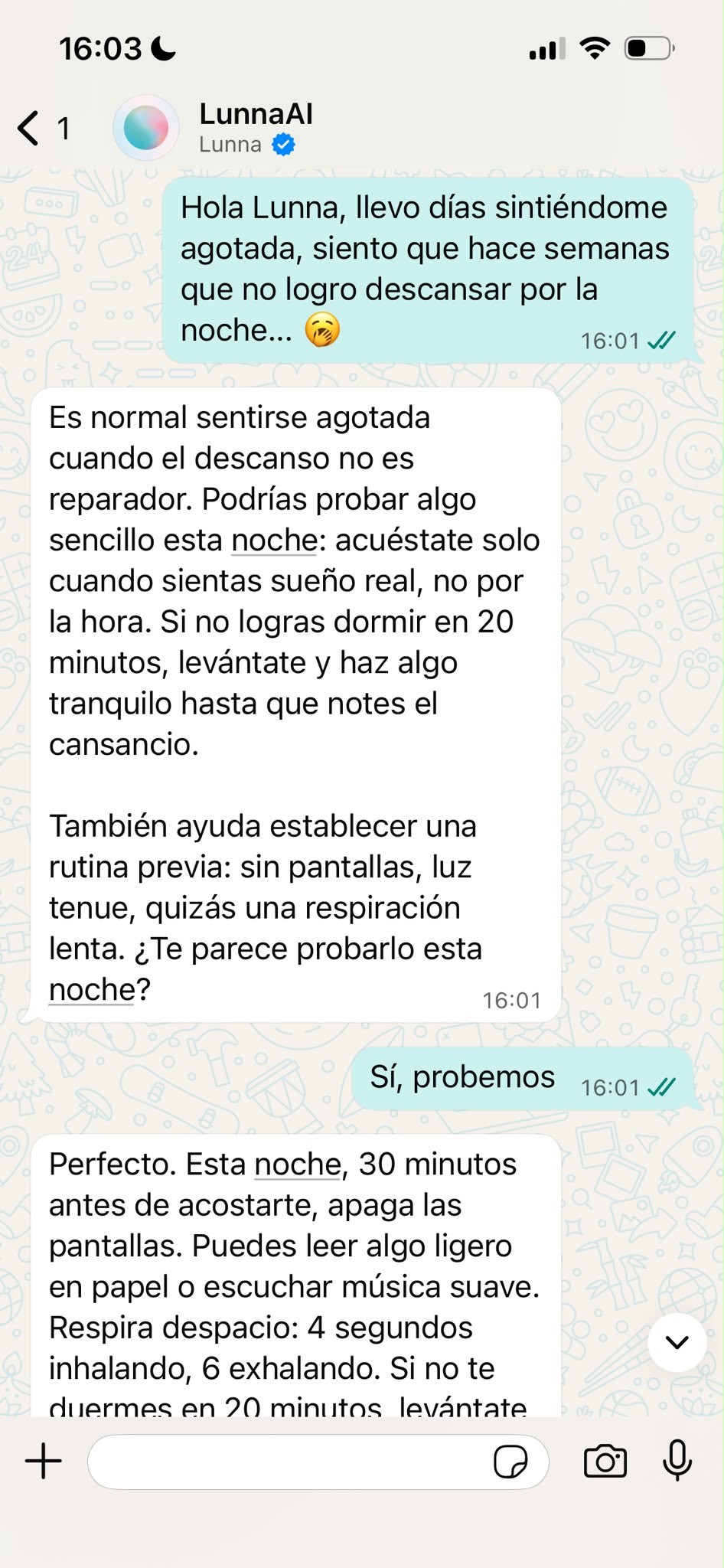 Ejemplo de conversación de WhatsApp con LunnaAI